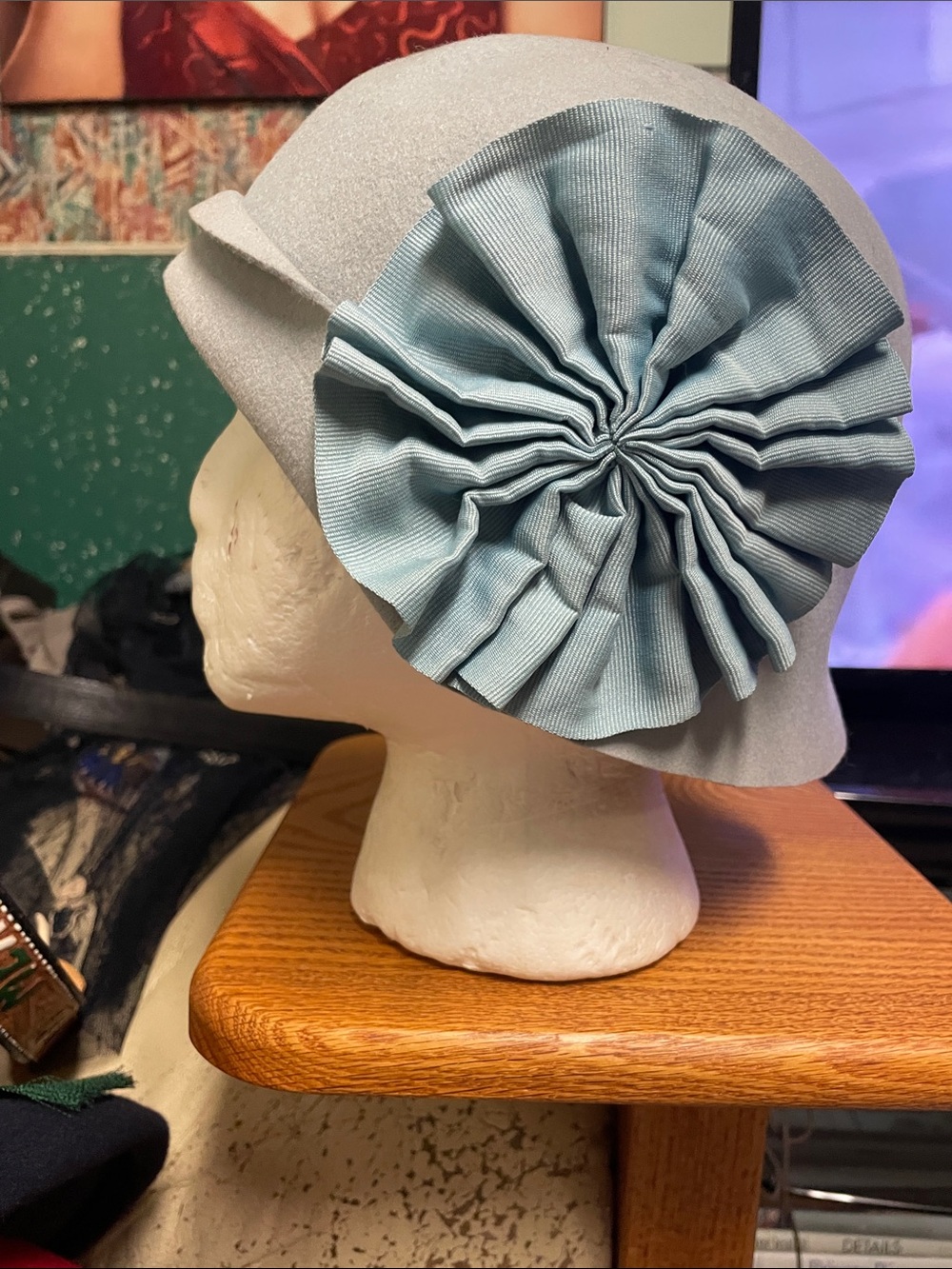 Kimchi blue 100% wool folded cloche Light blue Hat with Blue ribbon Accent
